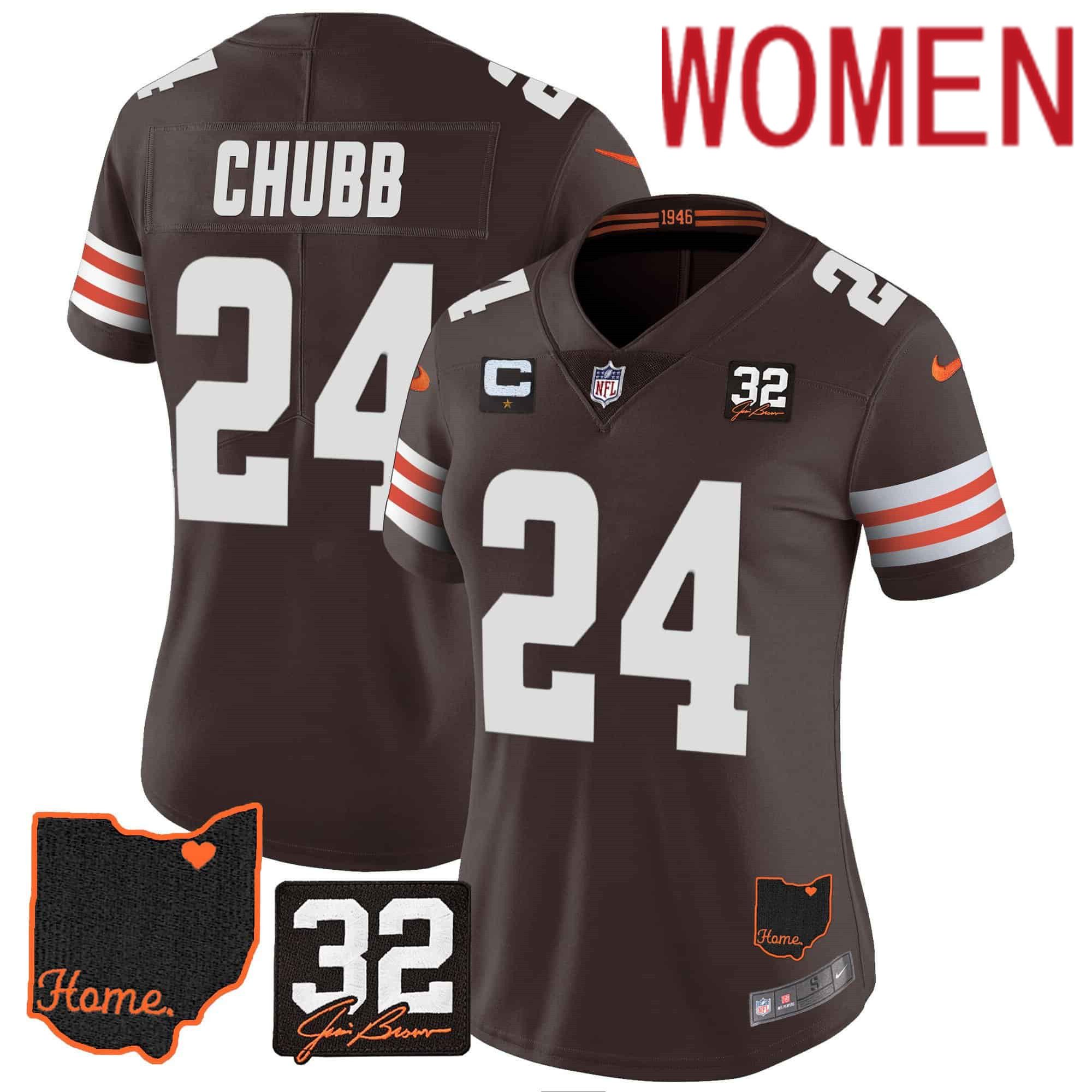 Women Cleveland Browns 24 Chubb Brown Memorial Home Patch 2024 Nike NFL Jersey style 1